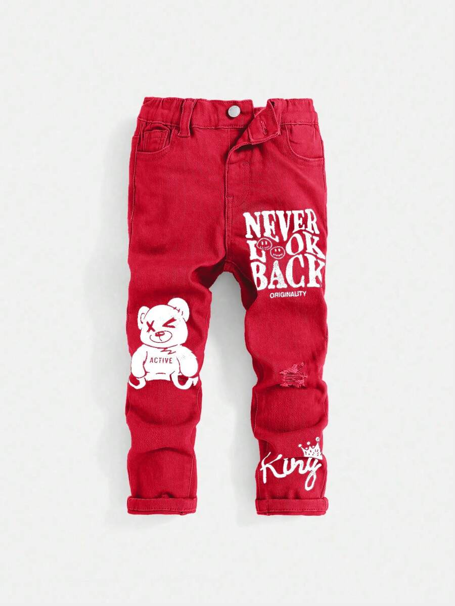 SHEIN Kleine Jungen Button-Front Tasche mit Buchstaben-Muster minimalistisch-lässige Jeans - Rot - Übersicht 1