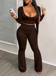 Women's Sexy Casual Short Cropped Fitted Top And Flare Pants Set, Autumn