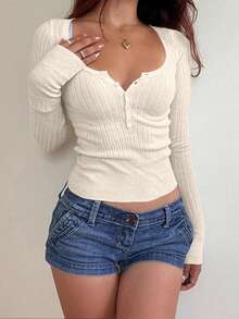 Mystra 女士休闲纽扣罗纹修身长袖毛衣/T恤，适合夏季和秋冬季节穿着