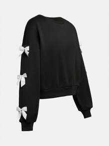 Girlism Teen Girl 2pcs/Set Black, Sweet Knitted Solid Color Knitted Sweatshirt, Bow Decoration, Loose Casual Round Neck Pull Over Bell And Bottoms