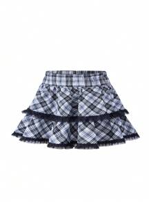 SHEIN 少女节日聚会格子蕾丝边短裙 - 黑色 - 查看 1