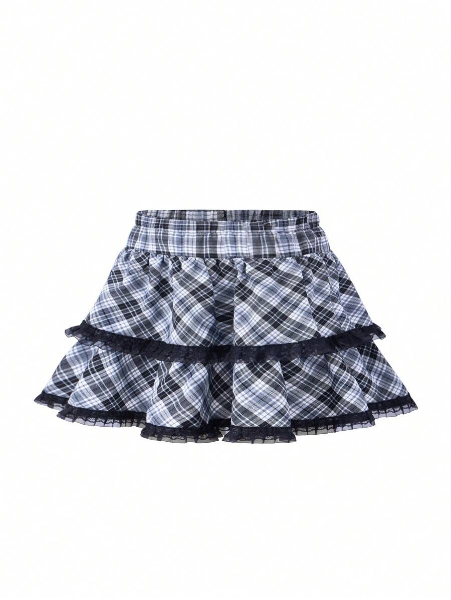 SHEIN 少女节日聚会格子蕾丝边短裙 - 黑色 - 查看 1