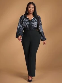 Slaydiva Blusa negra con estampado floral para mujeres talla grande para la oficina - Negro - Ver 3