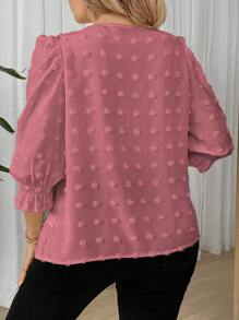 Calvaya Kemeja Kasual Ukuran Besar Warna Polos Kerah Bulat Lengan Sedang Motif Titik-titik Swiss - Dusty Pink - View 2