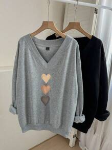 EMERY ROSE 2pcs/Set Plus Size Women Heart Pattern Print V-Neck Loose Warm Sweatshirt, Suitable For  Fall,Spring - Multicolor - View 1