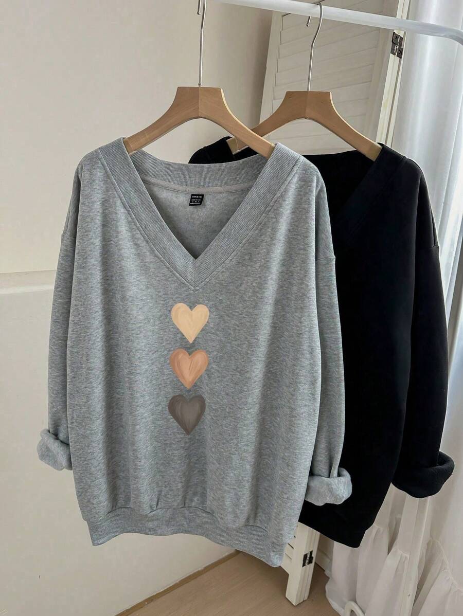 EMERY ROSE 2pcs/Set Plus Size Women Heart Pattern Print V-Neck Loose Warm Sweatshirt, Suitable For  Fall,Spring - Multicolor - View 1