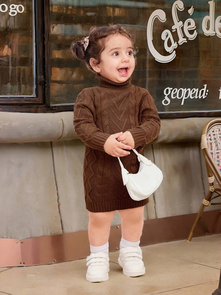 SHEIN Leap Crew Baby Girl Adorable Solid Color Cable Knit Turtleneck Sweater Dress For Fall/Winter - Multicolor - View 1