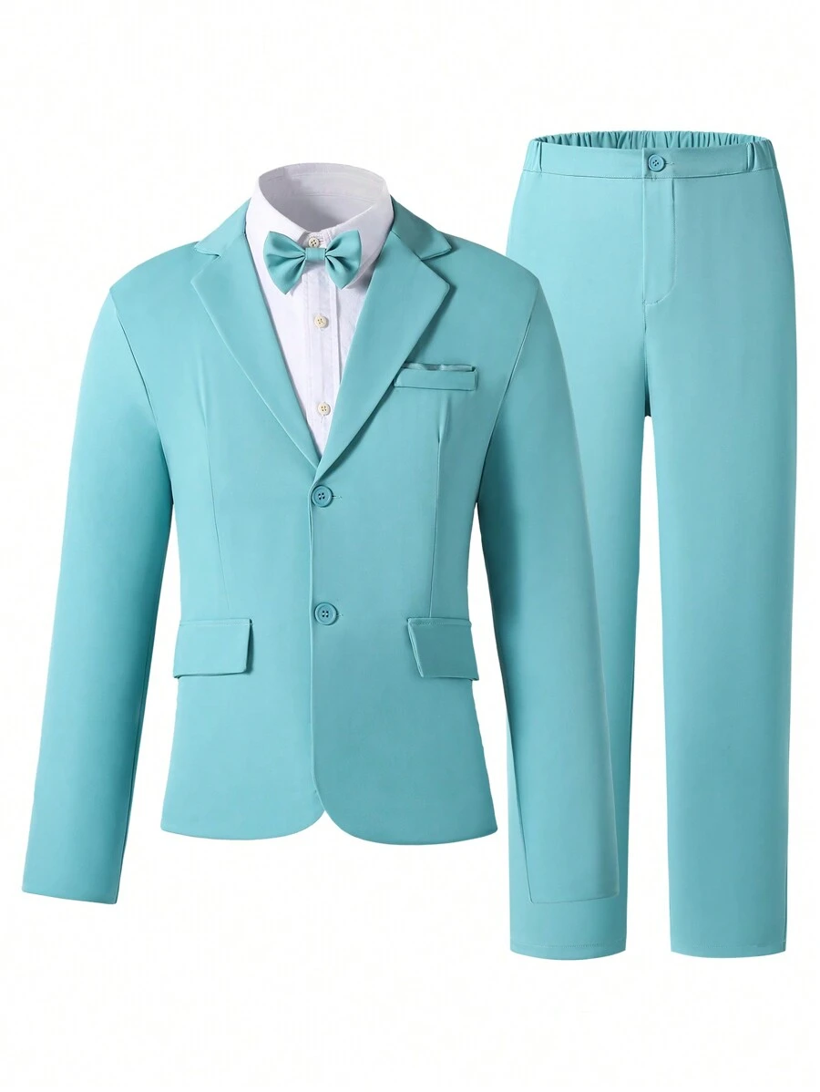 SHEIN Bộ đồ vest nam 2 món/bộ, màu trơn thời trang, áo khoác blazer mềm mại + quần dài họa tiết, bộ đồ dành cho nam. Trang phục công sở thanh lịch, phù hợp cho tiệc sinh nhật, đám cưới, tốt nghiệp, giáng sinh, halloween - Màu xanh Cadet - Xem 1