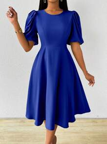 Lunelith SHEIN Lunessa 女式绿色圆领泡泡袖 A 字长裙，春夏 - 寶藍色 - 查看 5