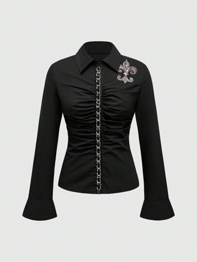 Blouse femme à manches cloche avec chaîne, imprimé croix et aile