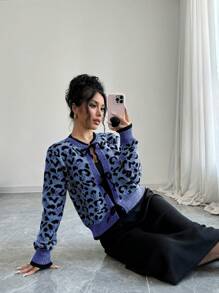 SHEIN Unity 1pc Women Leopard Print Bowknot Front Cardigan - Royal Blue - View 4