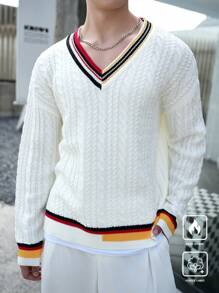 Manfinity Hypemode 1 Áo len dài tay cổ chữ V sọc nhiều màu cho nam, thích hợp cho mùa thu/đông - Nhiều màu - Xem 1