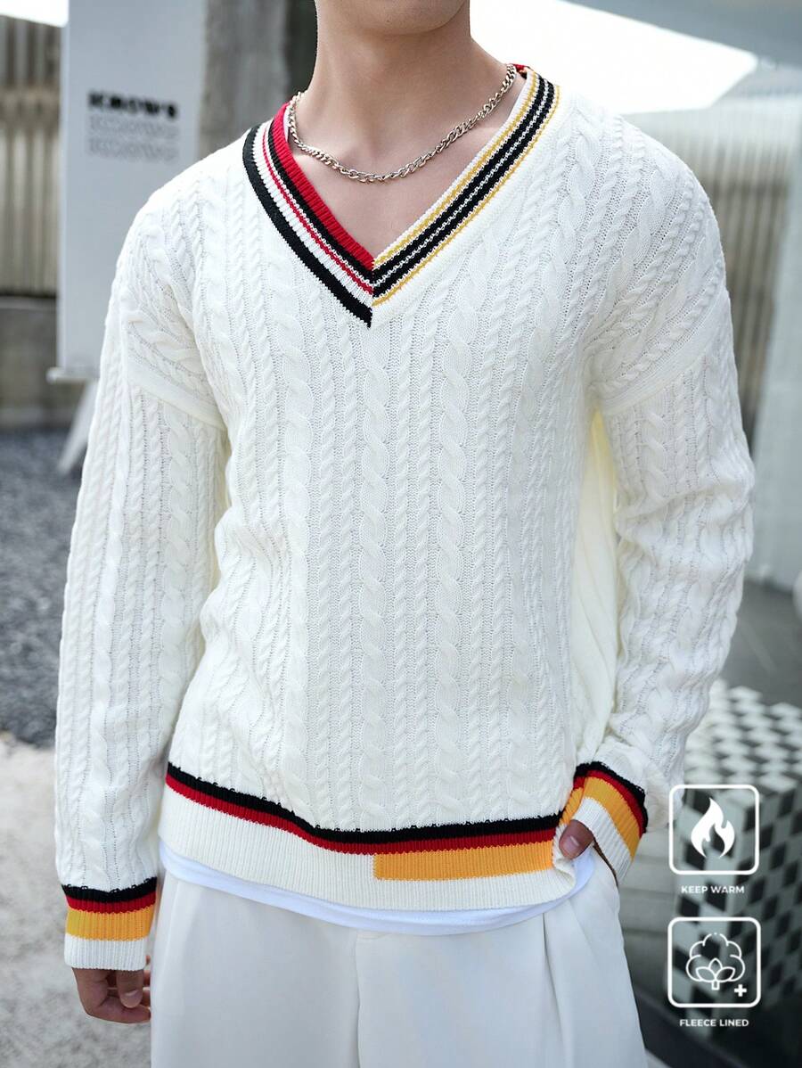 Manfinity Hypemode 1 Áo len dài tay cổ chữ V sọc nhiều màu cho nam, thích hợp cho mùa thu/đông - Nhiều màu - Xem 1