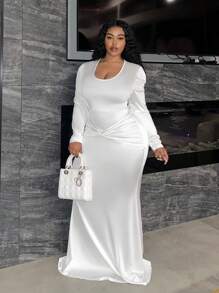 Slaydiva Đầm dự tiệc sang trọng cổ chữ V tay dài cho nữ cỡ lớn - trắng - Xem 5