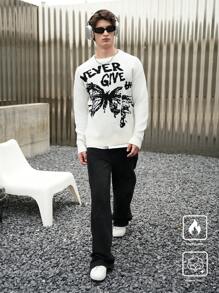 Manfinity Hypemode Suéter de cuello redondo con estampado de letras y mariposas, efecto de color block, de manga larga, para hombre, casual, para salidas con amigos en otoño/invierno