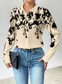 SHEIN Clasi 1 件女式前扣长袖花卉印花衬衫，日常休闲 - 杏色 - 查看 1