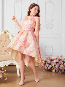 Đầm cho bé gái tuổi teen thanh lịch cổ điển sang trọng duyên dáng quyến rũ thời trang màu hồng và vàng vải organza jacquard cổ tròn hở lưng nơ quá khổ trang trí - Nhiều màu - Xem 1