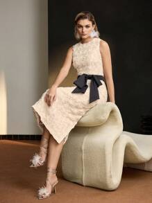 MOTF Soiréza 贴花撞色大蝴蝶结腰部鸡尾酒会礼服 - 米色 - 查看 2