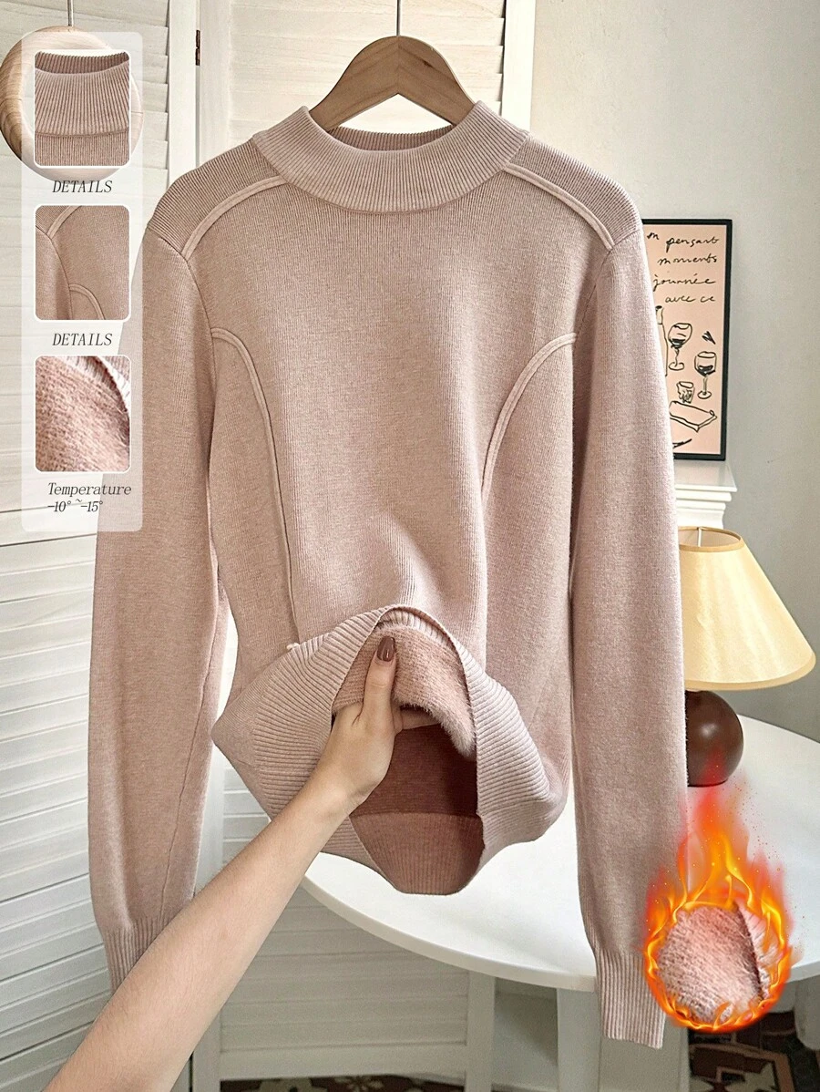 SHEIN LUNE 女士纯色圆领长袖休闲针织套头衫,秋冬季款 - 卡其色 - 查看 1