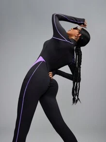 Innovista Damski sportowy kombinezon z długim rękawem i kolorowym blokiem kolorów, oddychający siateczkowy kombinezon z wycięciami i wysoką elastycznością Dry Fit, modelujący pośladki, modelujący sylwetkę, zapinany na zamek błyskawiczny, wielofunkcyjny strój do ćwiczeń, kombinezon fitness i ogrodniczki