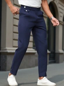 Manfinity Mode Men's Solid Color Pleated Pocket Straight-Leg Business Trousers, Men Navy Blue Dress Pants, Men Slim Fit Dress Pants, Men Business Casual Pants, Dark Blue Suit Pants, Navy Blue Trousers - Navy Blue - View 4