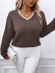 SHEIN LUNE 大码女式撞色蕾丝 V 领长袖套头衫，适合秋冬季 - 咖啡棕 - 查看 6