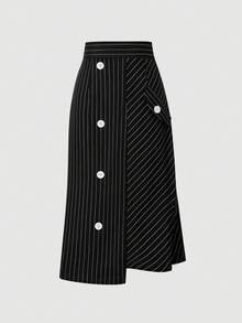 Black & White Striped Mid-Length Skirt, Slimming Design - Black and White - View 1