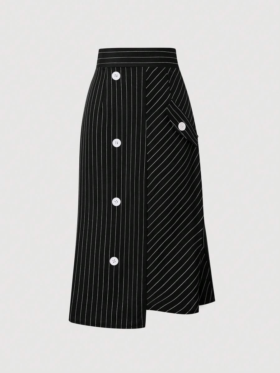 Black & White Striped Mid-Length Skirt, Slimming Design - Black and White - View 1
