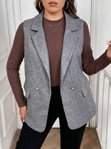 SHEIN LUNE 大码前扣无袖缺口领简约休闲假口袋背心大码秋装