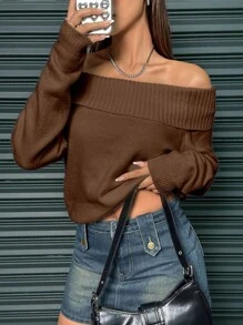 SHEIN Unity 女士纯色翻领露肩长袖休闲宽松毛衣，秋冬针织套头衫 - 咖啡棕 - 查看 4