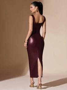 SHEIN BAE 纯色简约性感卡其色 PU 方领吊带简约优雅褶皱中长吊带连衣裙，女士秋冬 - 酒紅色 - 查看 2