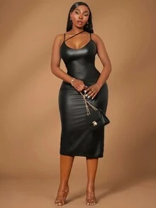 SHEIN SXY Đầm ôm sát cơ thể gợi cảm quyến rũ bằng da PU cỡ lớn cho nữ, thích hợp cho buổi tối hẹn hò, sinh nhật, trang phục tiệc độc thân, thường ngày, mua sắm, đi chơi, dễ phối đồ và trông thon gọn, tôn lên vóc dáng, tôn dáng - Nhiều màu - Xem 6