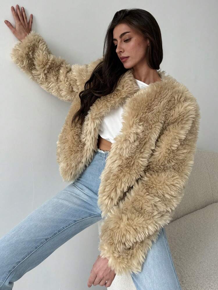 Aloruh 秋冬新款性感豹纹蓬蓬保暖圆领长袖外套 - 杏色 - 查看 6