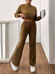 SHEIN Women Solid Color Crew Neck Long Sleeve Cropped Sweatshirt And Pocket Pants Casual Suit For Autumn/Winter