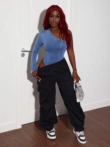 Slaydiva 1set Women Sexy Jumpsuit Denim Bib & Brace Pants, Stretchy Asymmetrical Jumpsuit With Long Sleeves, Blue Color - Medium Wash - View 5