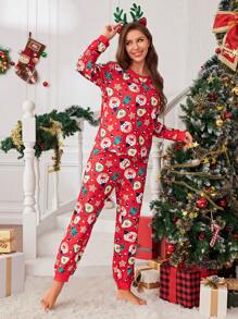 SHEIN Bộ đồ ngủ dài tay in họa tiết Giáng sinh vui nhộn tối giản cho nữ, trang phục thường ngày - Đỏ - Xem 4