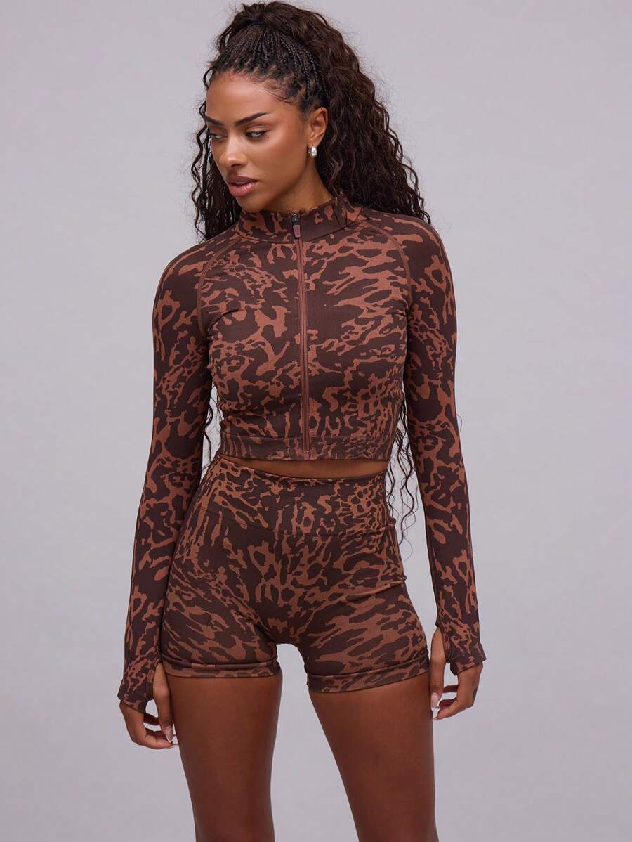 Musera Sport Cropped Zip Up Animal Print Seamless Contour Top Jacket, Padel, Tennis, Pickleball Gym Fitness - Multicolor - View 1