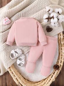 基本款婴幼儿针织毛衣和裤子套装，休闲简约 - 藕粉色 - 查看 2