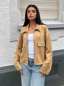 SHEIN EZwear Women's Solid Color Front Zipper Long Sleeve Simple Casual Pocket Bomber Jacket - Khaki - View 6