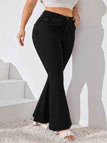 SHEIN LUNE Jeans casuales de talla grande para mujer con volantes y bolsillos - Negro - Ver 1