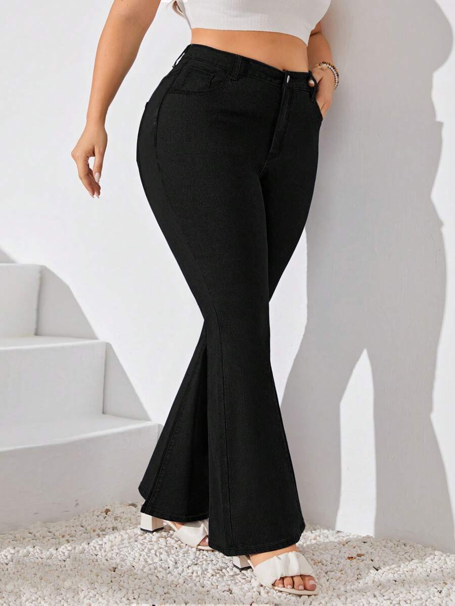 SHEIN LUNE Jeans casuales de talla grande para mujer con volantes y bolsillos - Negro - Ver 1