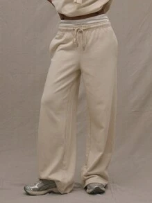 MUSERA Low Rise Drawstring Wide Leg Joggers Airport, Casual - Cream - View 2