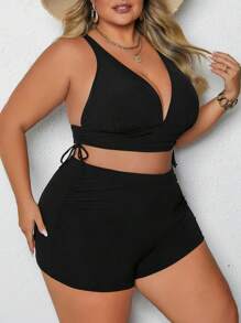 SHEIN CURVE+ Plus Size Women's Solid Color Drawstring Ruched Halter Bikini Top And Shorts 2 Pieces Swimwear Set, Summer Beach - Black - View 5