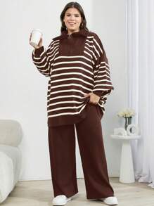 SHEIN Cottnline Plus Size Women's Houndstooth Drop Shoulder Button Down Cardigan Sweater And Pants 3-Piece Set, For Winter - Brown - View 3