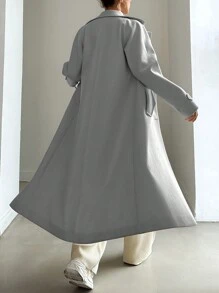 EURMUSE Áo khoác dài cổ ve lật hai hàng khuy trơn màu cho nữ, mùa thu/đông - Màu Xám nhạt - Xem 2