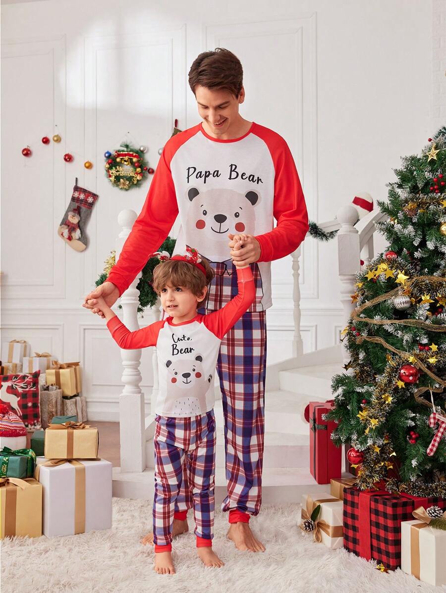 2pcs Men Casual Plaid Print Long Pants And Cute Bear Patch Raglan Sleeve Top Loungewear Set, For Christmas