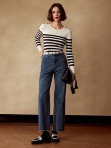 MOTF PREMIUM 条纹图案金色纽扣细节修身毛衣 - 杏色 - 查看 5