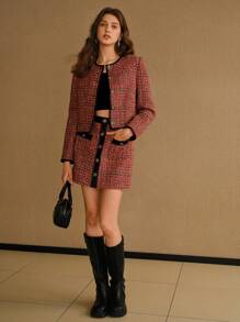 MOTF STUDIO TWEED PLAID CONTRAST TRIM BUTTON DETAIL SKIRT