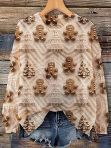 大码休闲可爱姜饼人图案针织毛衣，秋季 - 米色 - 查看 1