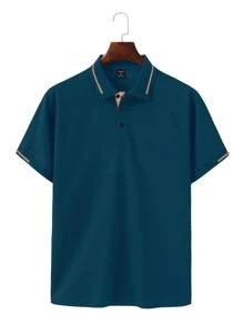 Manfinity Homme Men's Casual Minimalist Ribbed Short Sleeve Polo Shirt - Blue - View 6